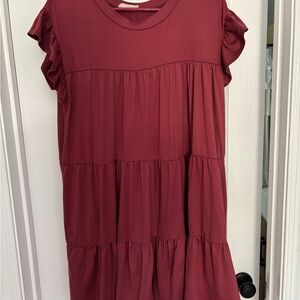 Ruffled Sleeve Tiered Dress in Burgundy